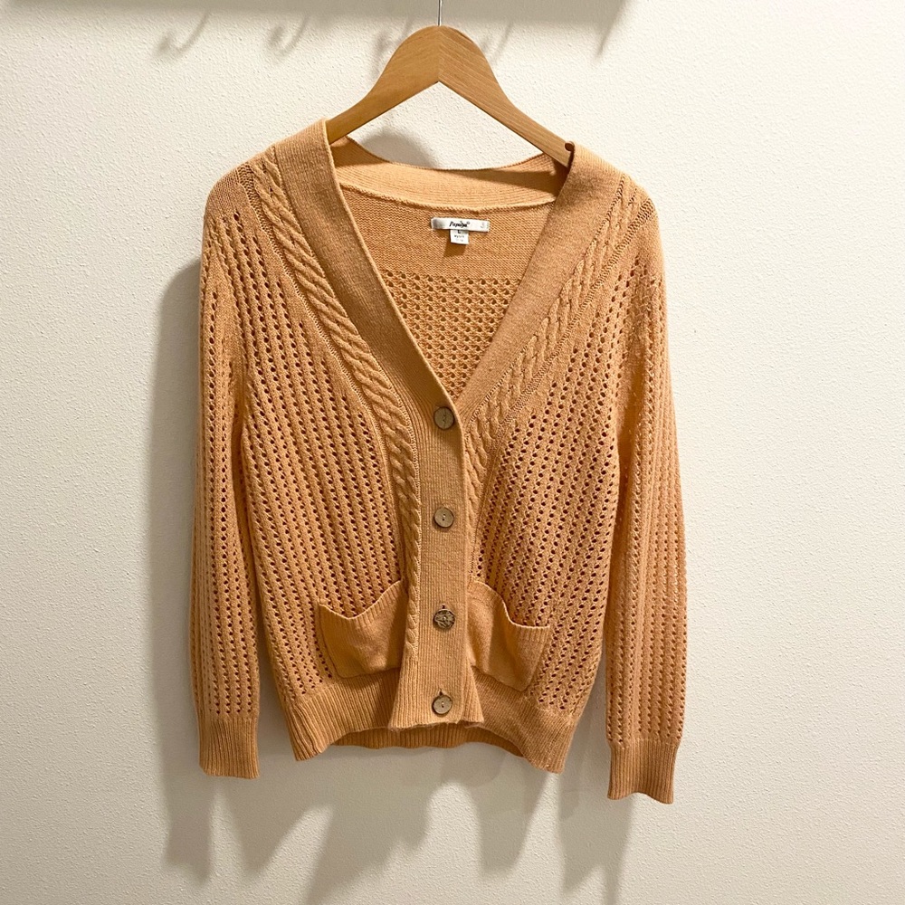 Papaya Oversized Knit Button Up Low V Neck Cardigan with Pockets in Pink